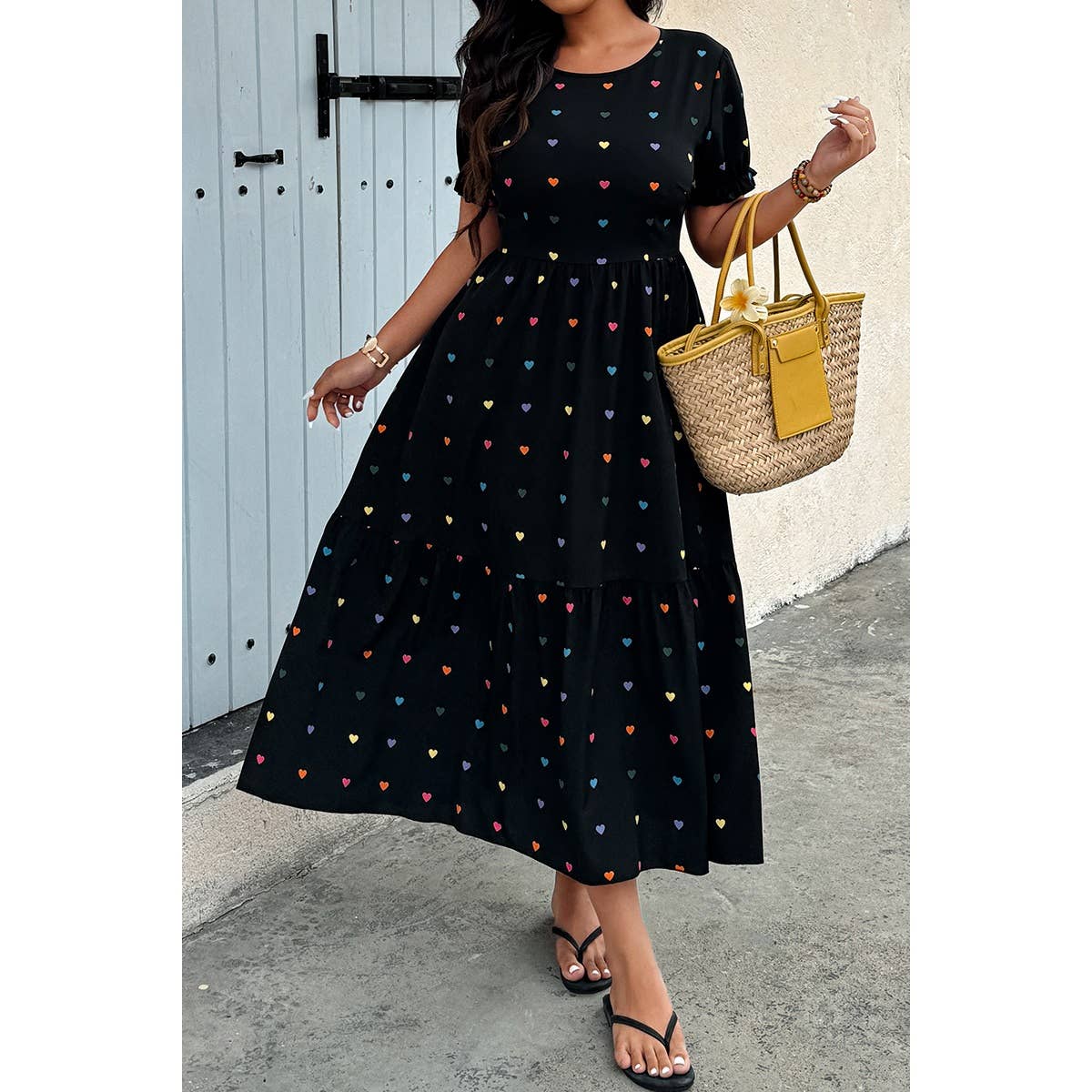 Plus Heart Print Round Neck Ruffle Hem Dress - MVTFASHION.COM