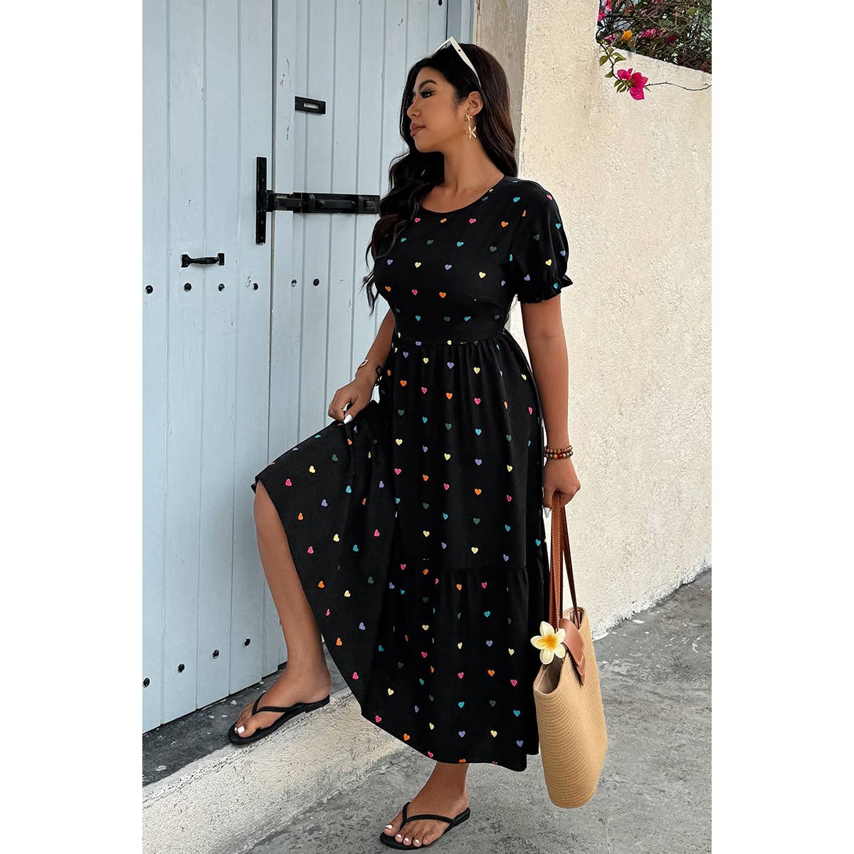 Plus Heart Print Round Neck Ruffle Hem Dress - MVTFASHION.COM