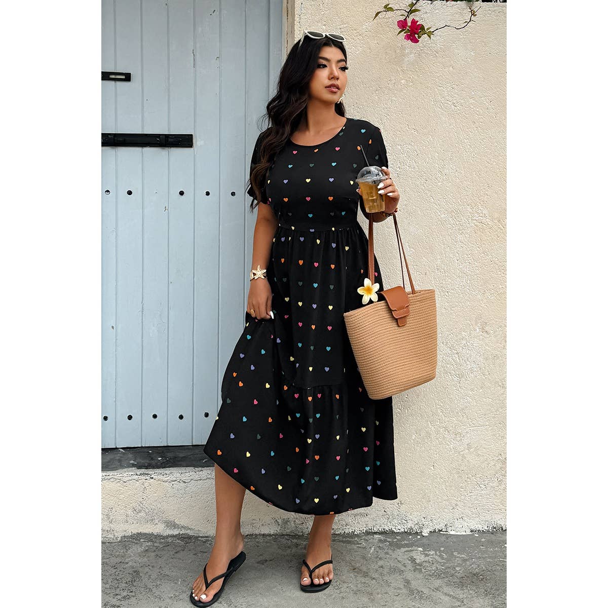 Plus Heart Print Round Neck Ruffle Hem Dress - MVTFASHION.COM