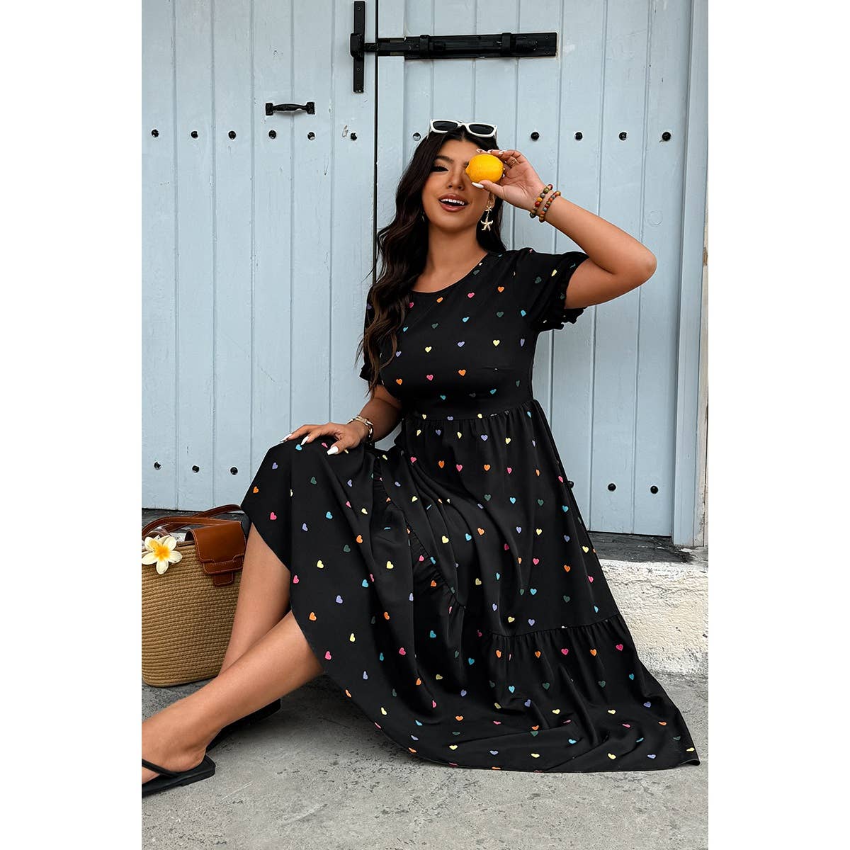 Plus Heart Print Round Neck Ruffle Hem Dress - MVTFASHION.COM