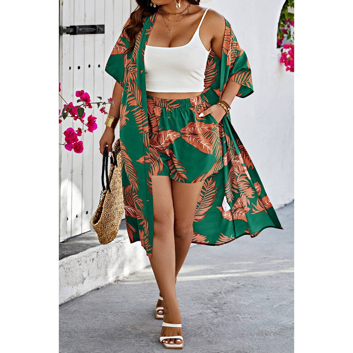 Plus Leaf Print Pockets Elastic Waist Shorts Sets - MVTFASHION.COM