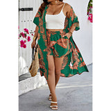 Plus Leaf Print Pockets Elastic Waist Shorts Sets - MVTFASHION.COM