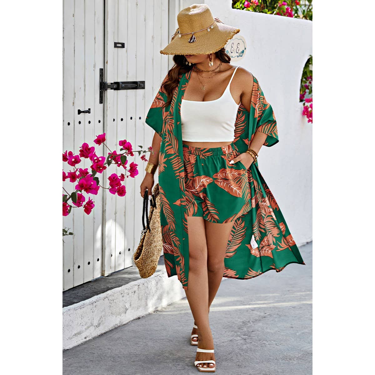 Plus Leaf Print Pockets Elastic Waist Shorts Sets - MVTFASHION.COM