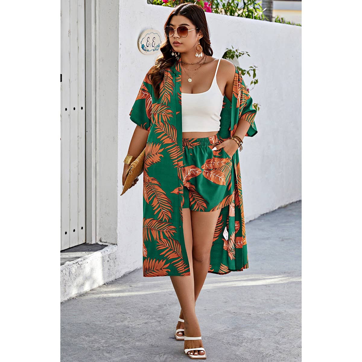 Plus Leaf Print Pockets Elastic Waist Shorts Sets - MVTFASHION.COM