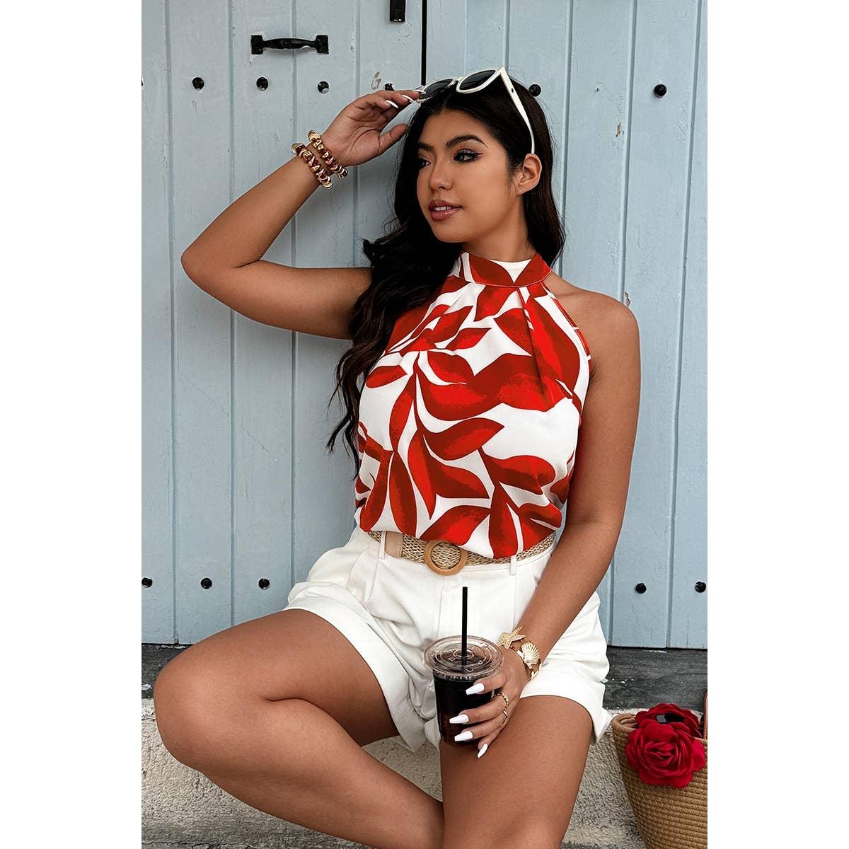 Plus Plant Print Halter Sleeveless Loose Blouse - MVTFASHION.COM