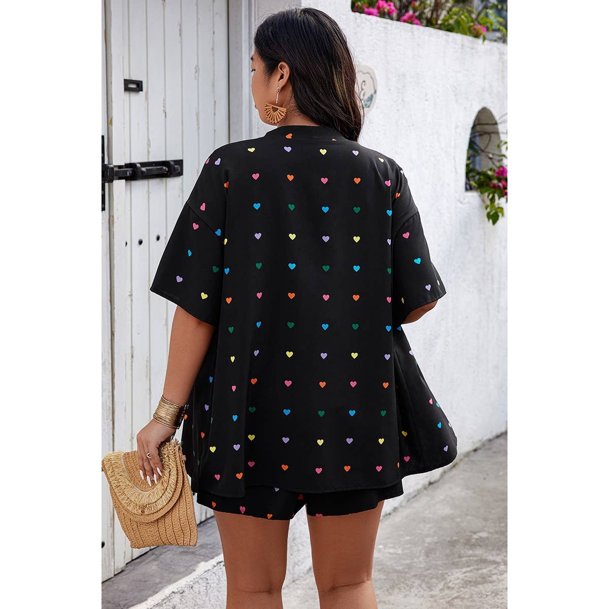 Plus Pockets Heart Print Short Sleeve Sets - MVTFASHION.COM