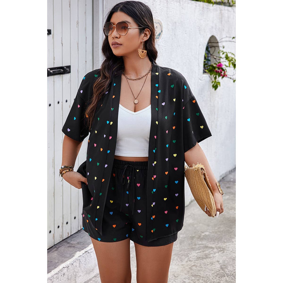 Plus Pockets Heart Print Short Sleeve Sets - MVTFASHION.COM