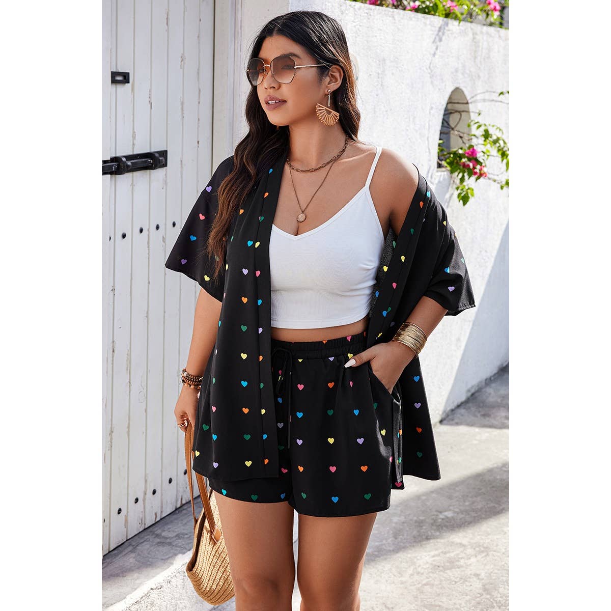 Plus Pockets Heart Print Short Sleeve Sets - MVTFASHION.COM