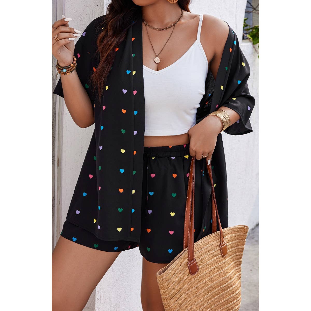Plus Pockets Heart Print Short Sleeve Sets - MVTFASHION.COM