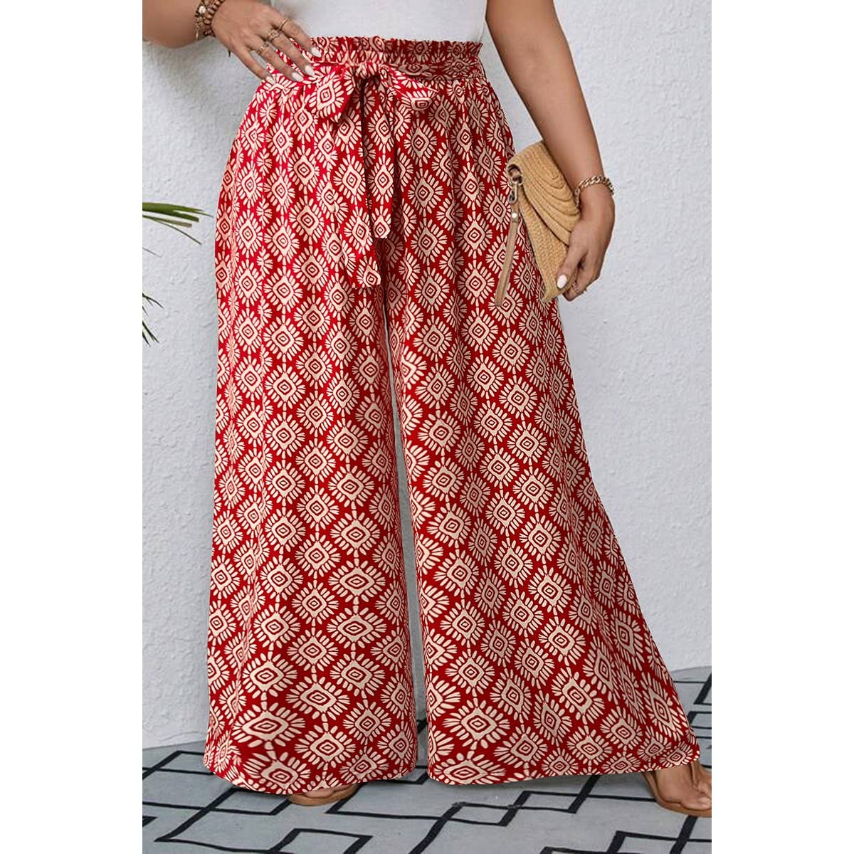 Plus Printed Elastic Waist Knot Belt Wide Leg Pant - MVTFASHION.COM