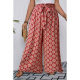 Plus Printed Elastic Waist Knot Belt Wide Leg Pant - MVTFASHION.COM