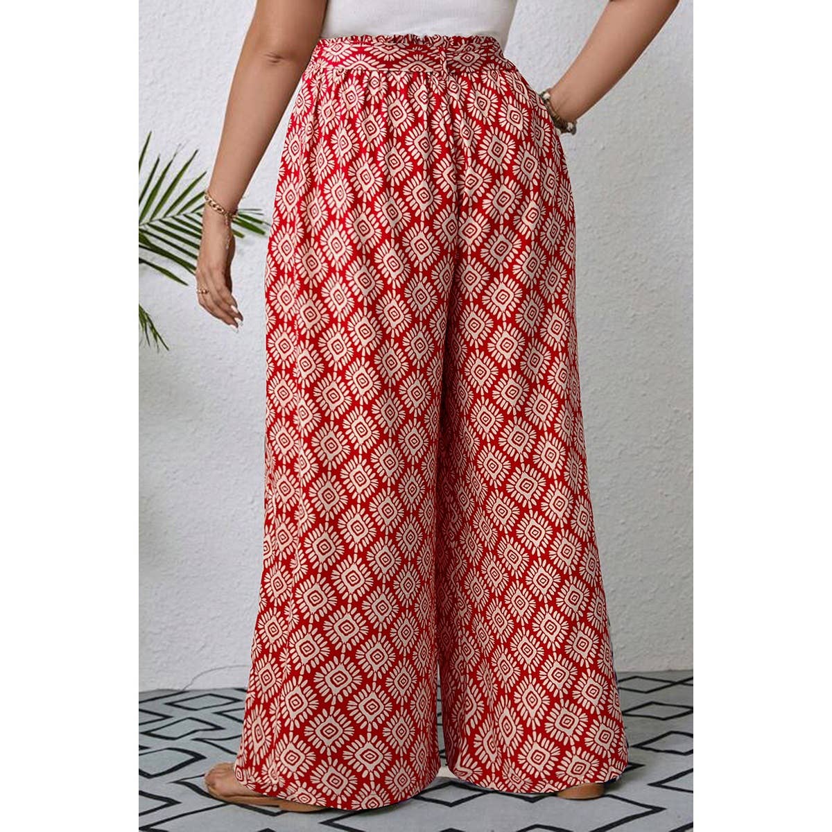 Plus Printed Elastic Waist Knot Belt Wide Leg Pant - MVTFASHION.COM