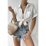 Plus Size Button Down Pocket Ruched Solid Blouse - MVTFASHION.COM