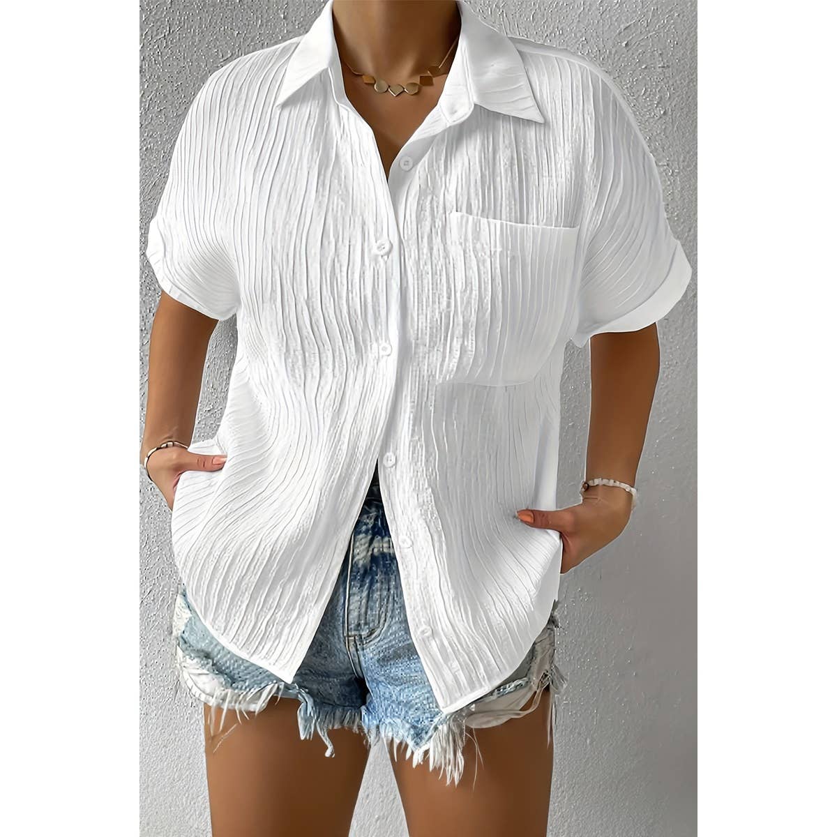 Plus Size Button Down Pocket Ruched Solid Blouse - MVTFASHION.COM