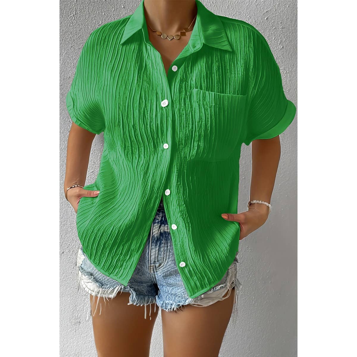 Plus Size Button Down Pocket Ruched Solid Blouse - MVTFASHION.COM