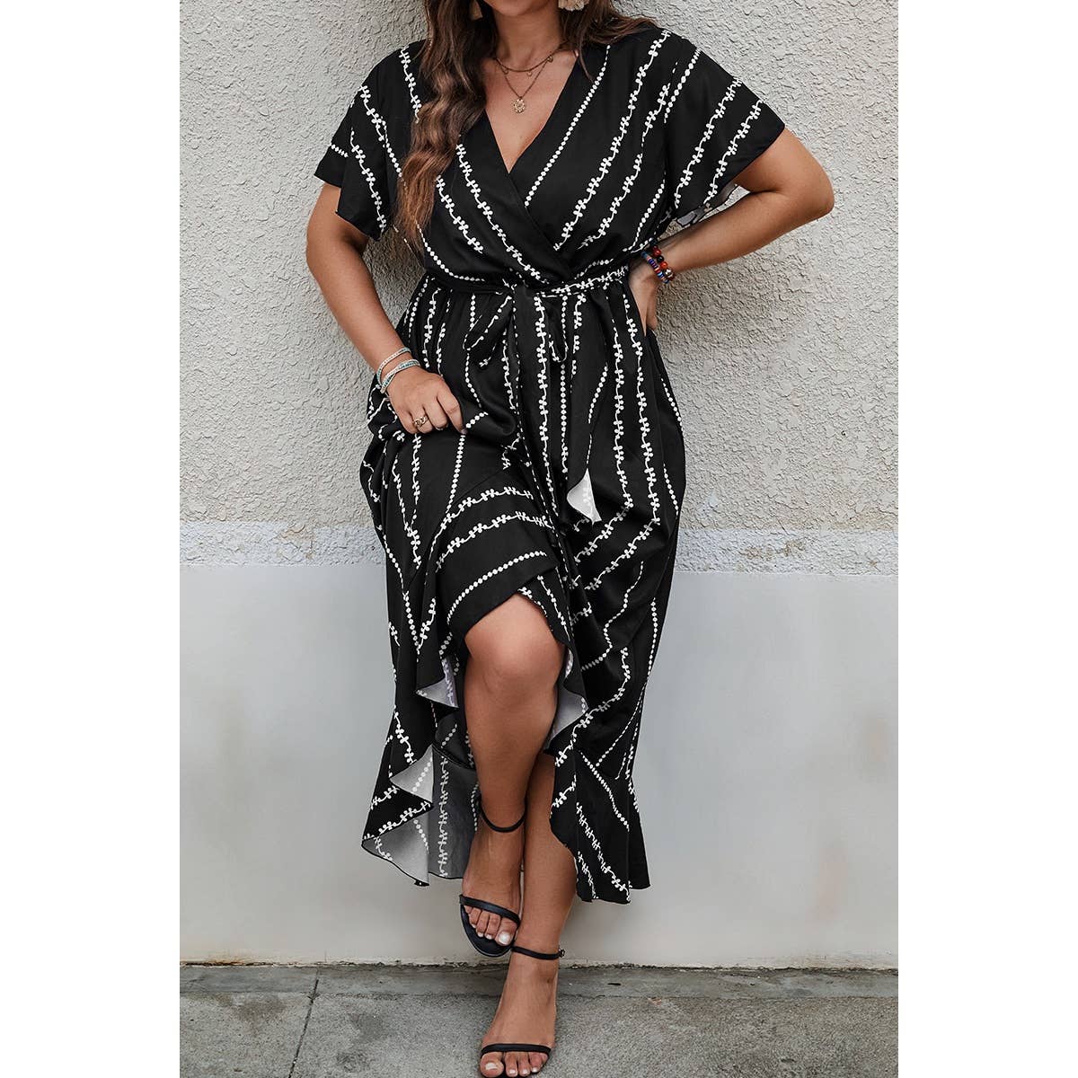 Plus Size Cross Deep V Belt Asymmetric Hem Dress - MVTFASHION.COM