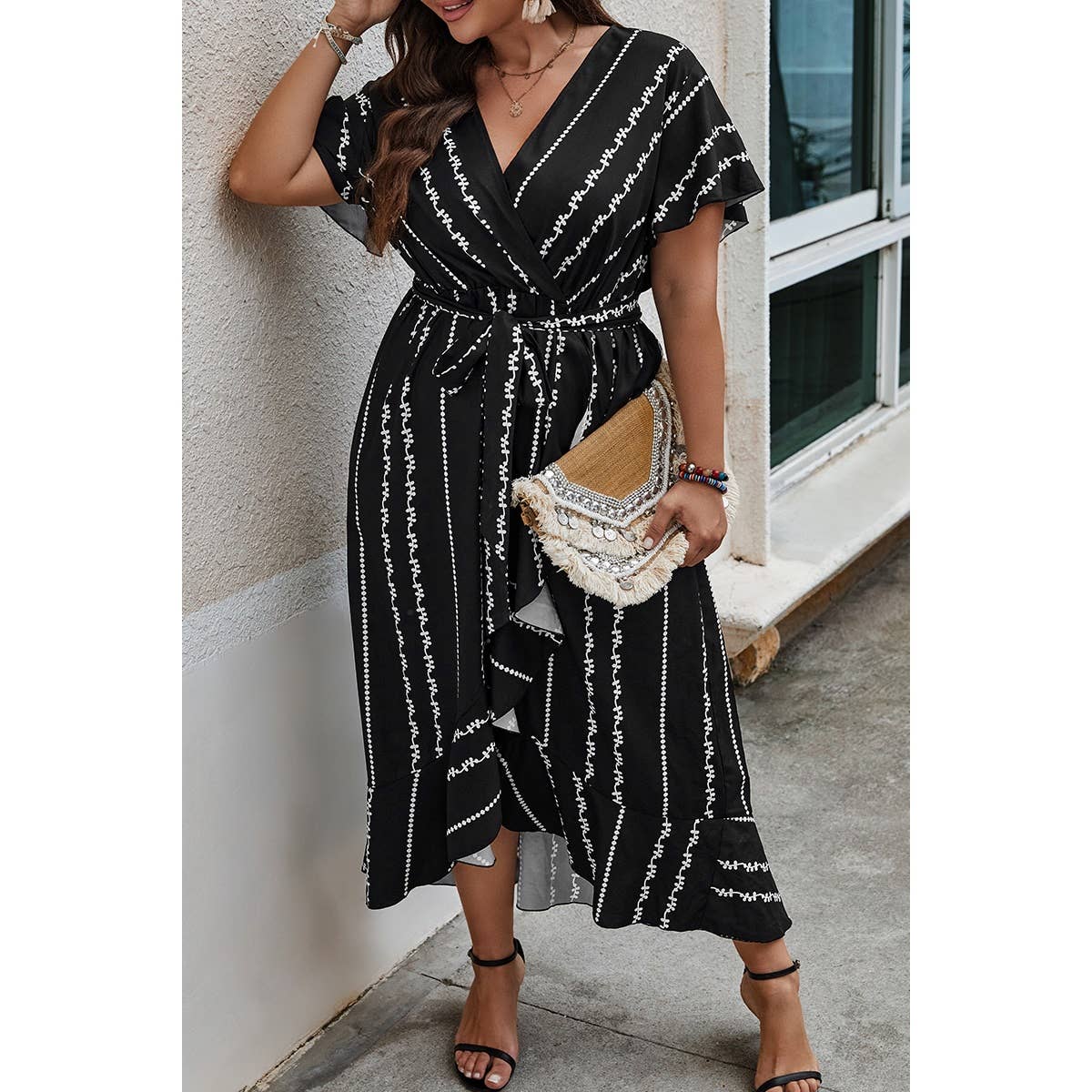 Plus Size Cross Deep V Belt Asymmetric Hem Dress - MVTFASHION.COM