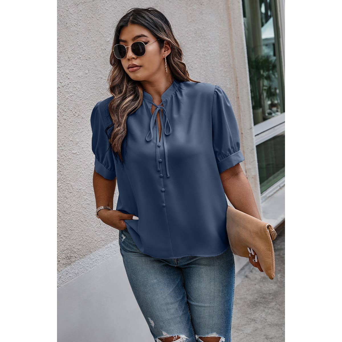 Plus Size Cross Neck Puff Sleeves Solid Button Top - MVTFASHION.COM