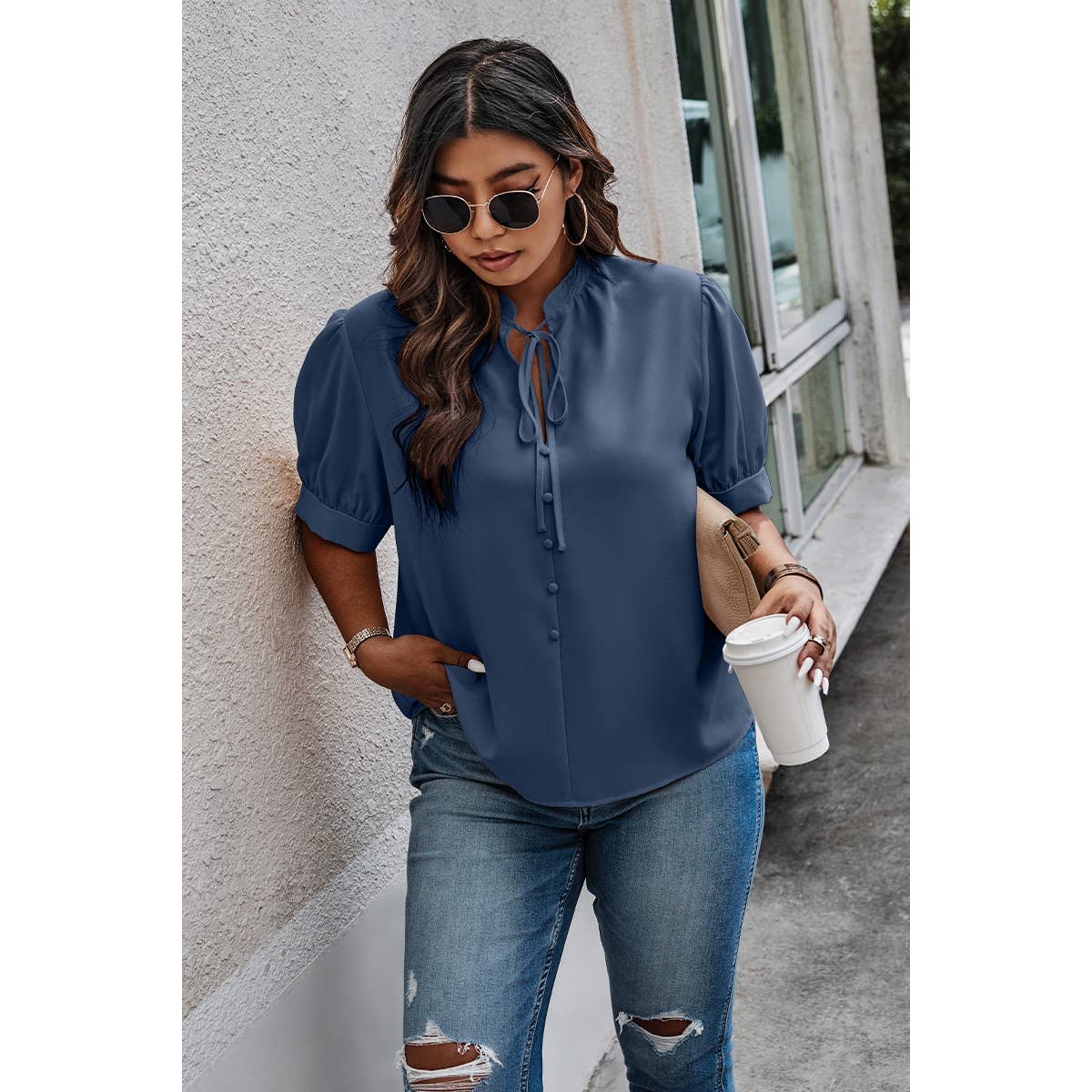 Plus Size Cross Neck Puff Sleeves Solid Button Top - MVTFASHION.COM