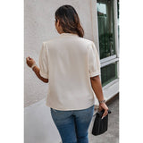 Plus Size Cross Neck Puff Sleeves Solid Button Top - MVTFASHION.COM