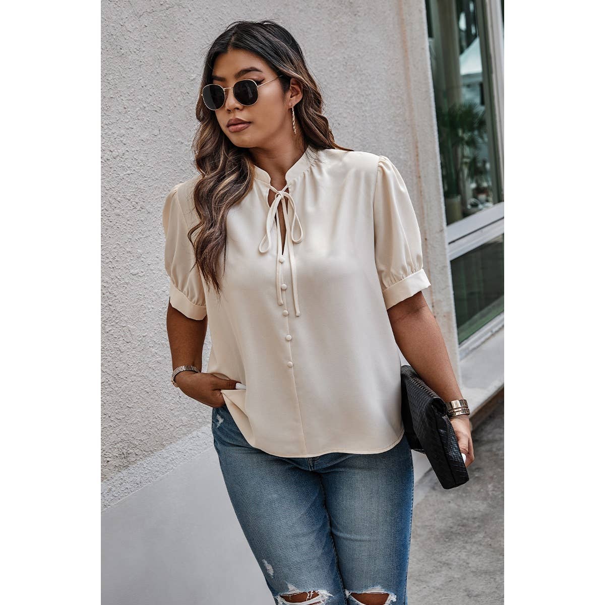 Plus Size Cross Neck Puff Sleeves Solid Button Top - MVTFASHION.COM