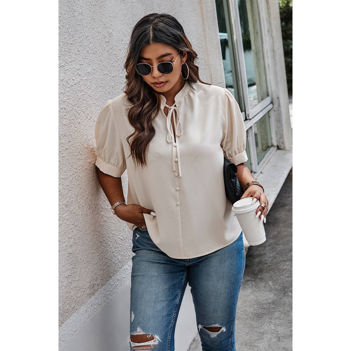 Plus Size Cross Neck Puff Sleeves Solid Button Top - MVTFASHION.COM