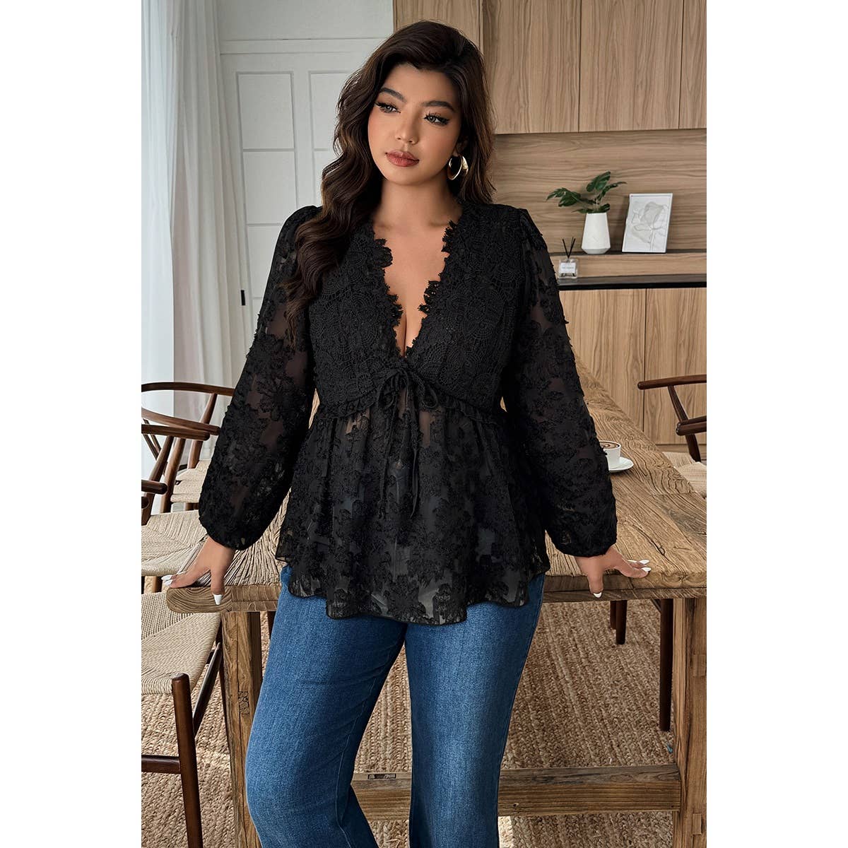 Plus Size Deep V Curve Contrast Lace Top - MVTFASHION.COM