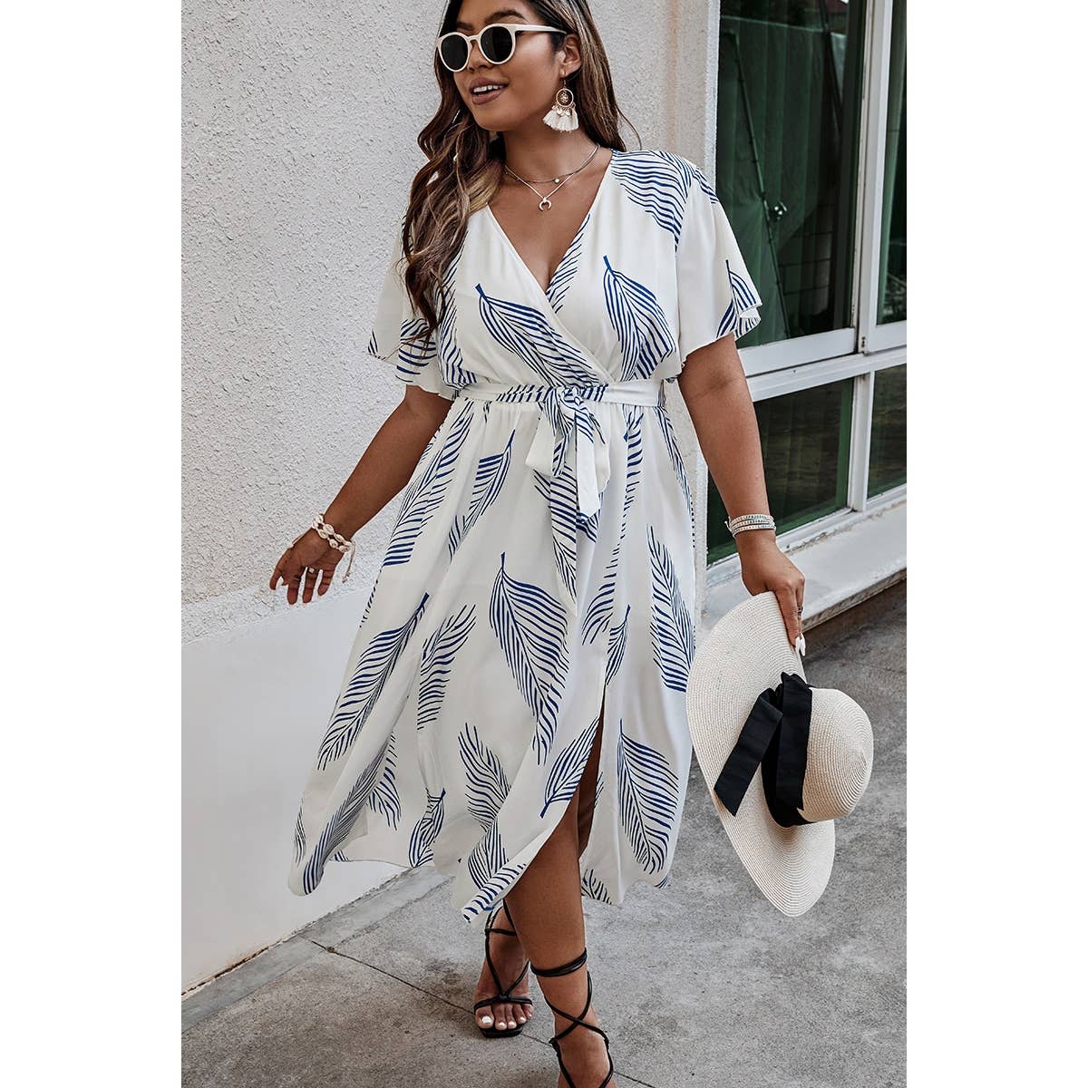 Plus Size Deep V Neck Leaf Print Belt Dress - MVTFASHION.COM