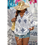 Plus Size Deep V Printed Loose Elastic Sleeve Top - MVTFASHION.COM