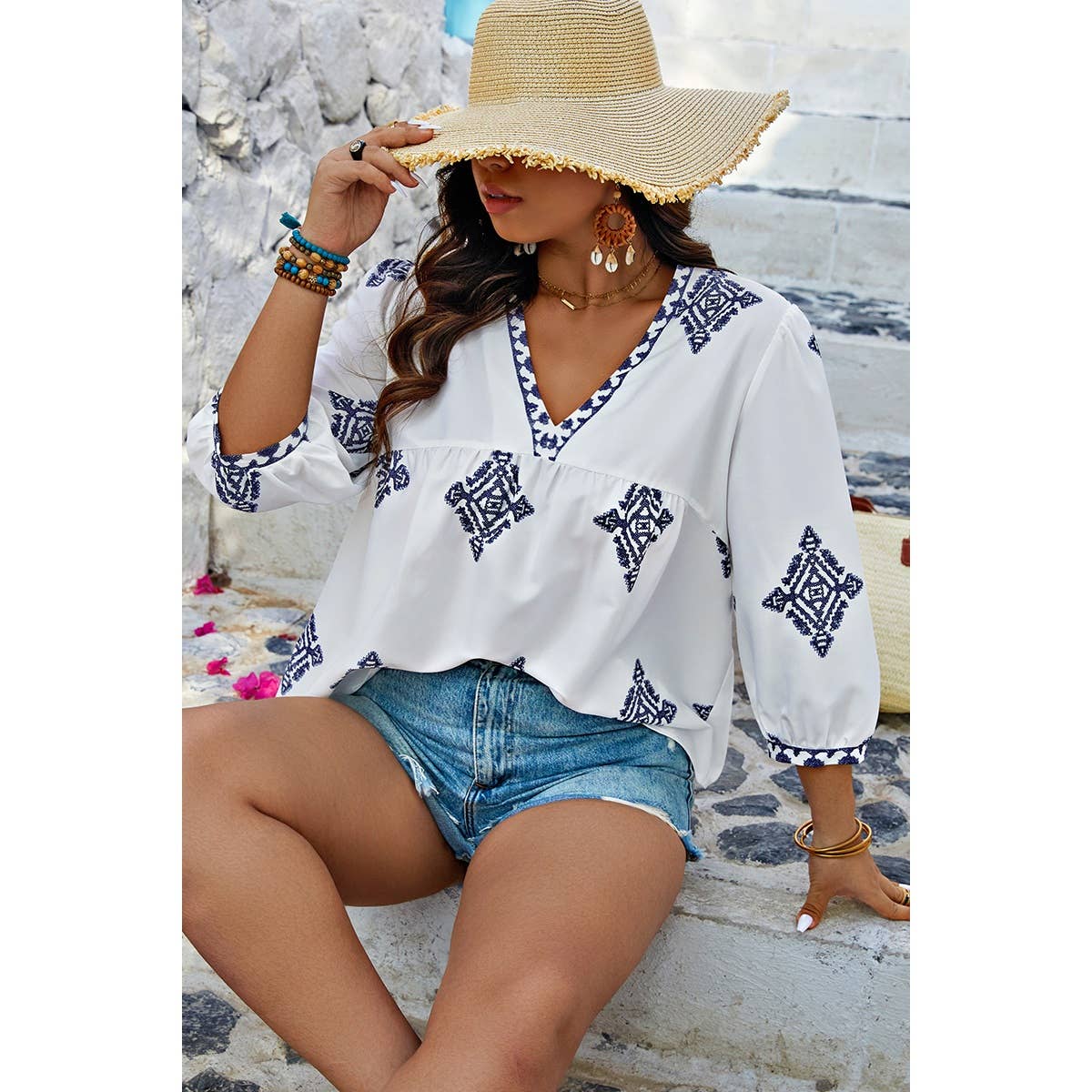 Plus Size Deep V Printed Loose Elastic Sleeve Top - MVTFASHION.COM