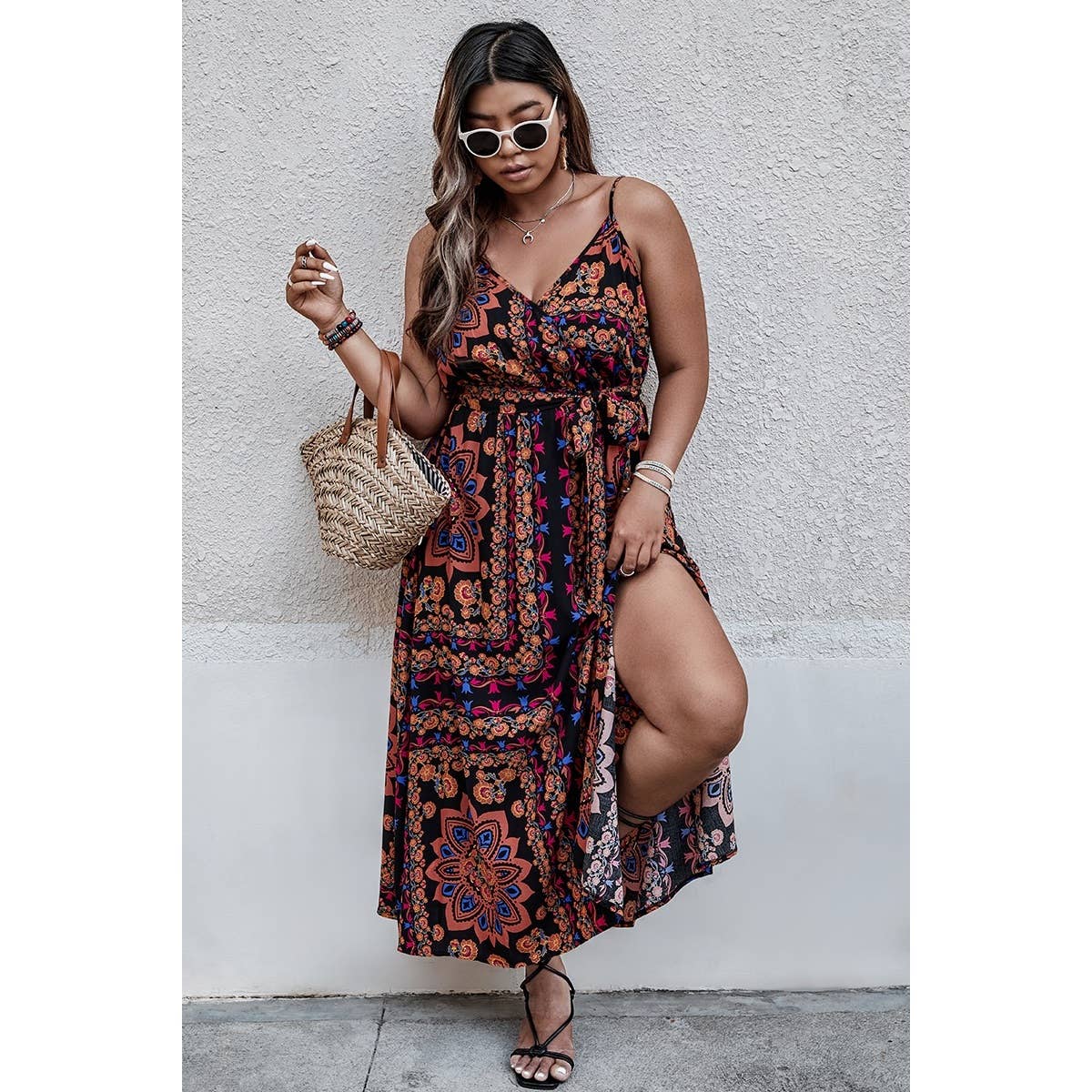 Plus Size Floral Belted Cami Boho Long Dress - MVTFASHION.COM