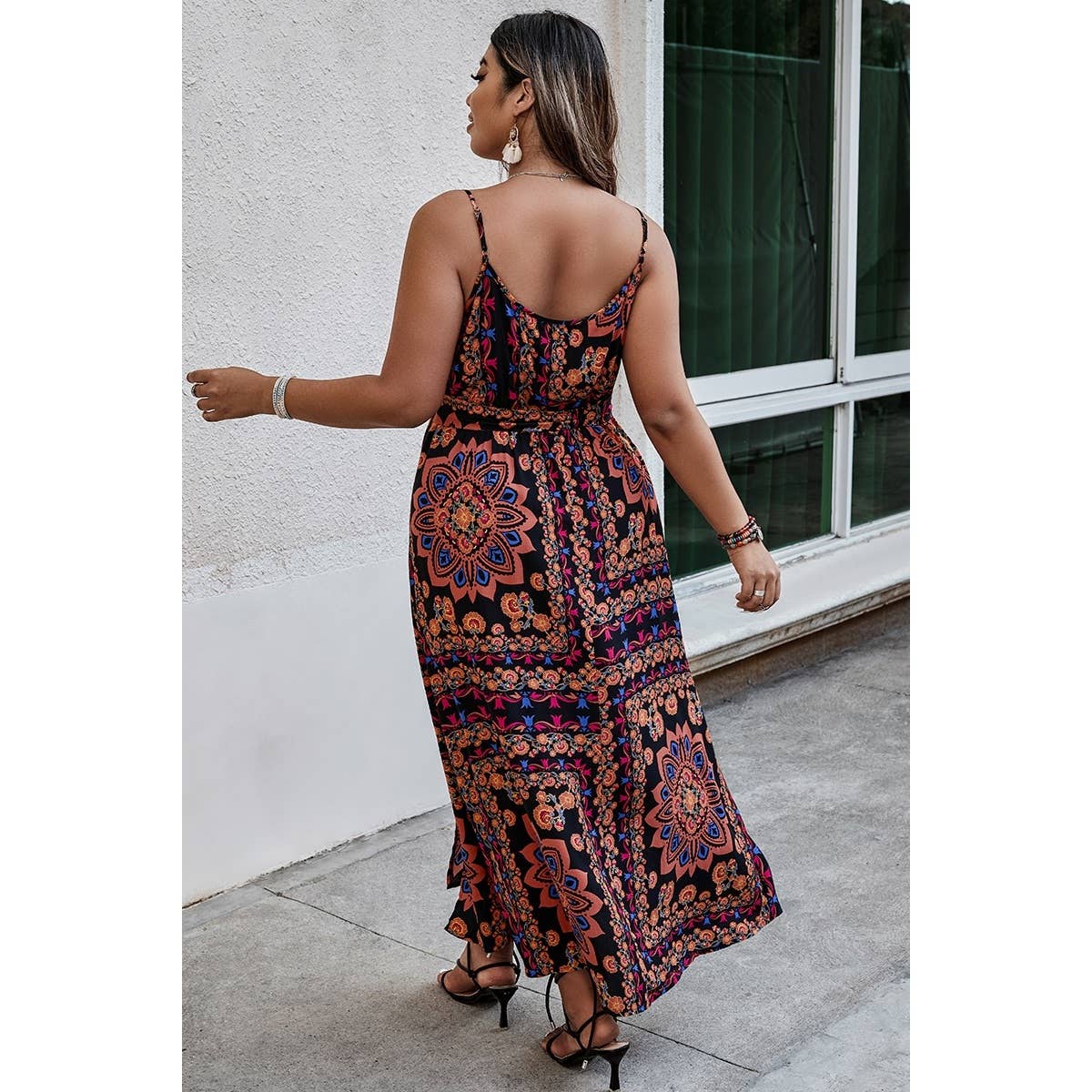 Plus Size Floral Belted Cami Boho Long Dress - MVTFASHION.COM