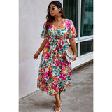 Plus Size Floral Print Cross Belt Fit Dress - MVTFASHION.COM