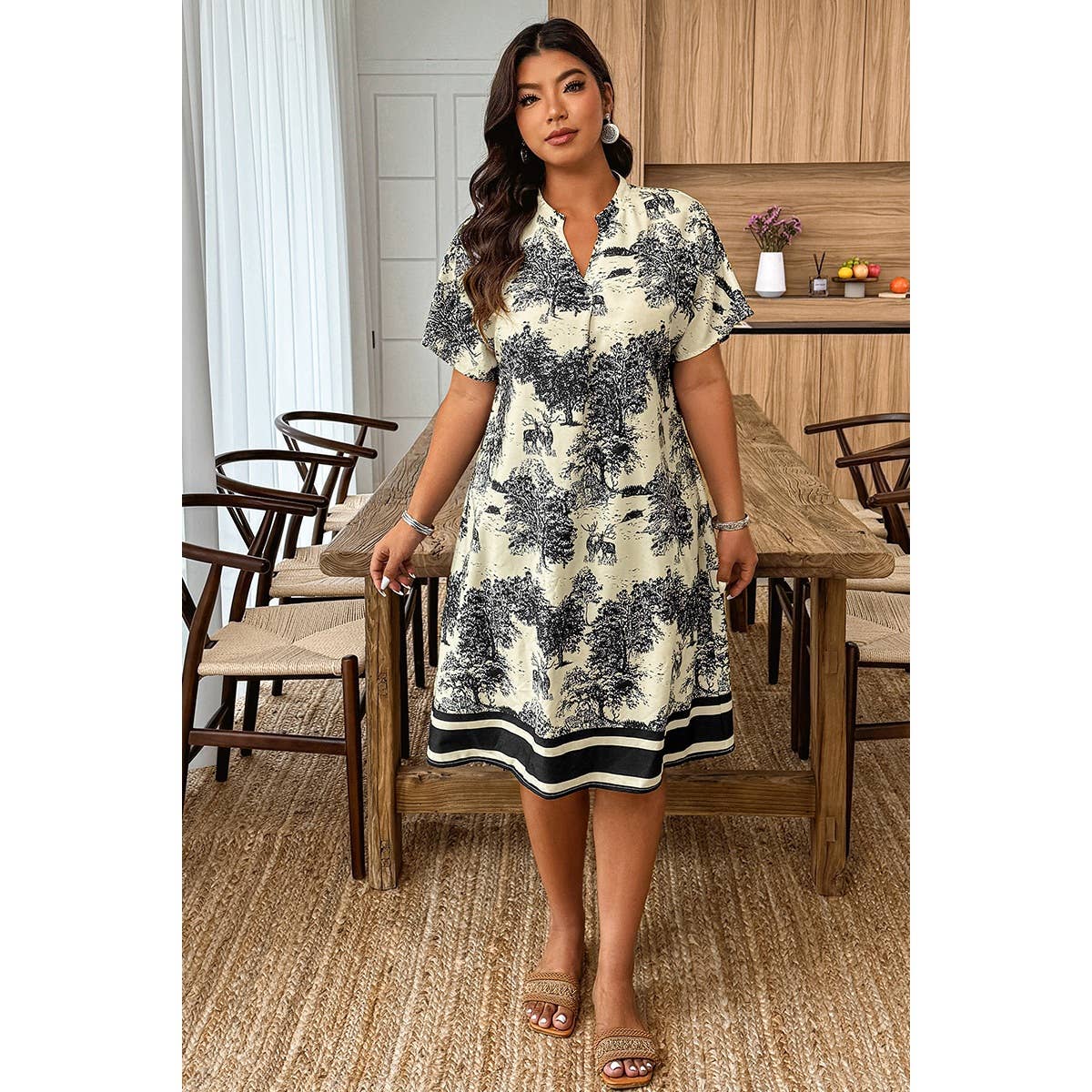 Plus Size Floral Print V Neck Fit Midi Dress - MVTFASHION.COM