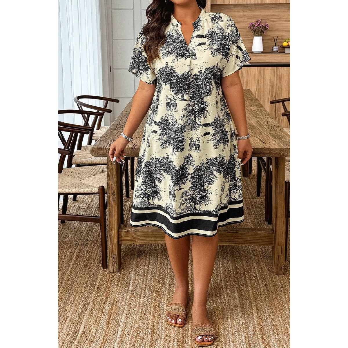 Plus Size Floral Print V Neck Fit Midi Dress - MVTFASHION.COM