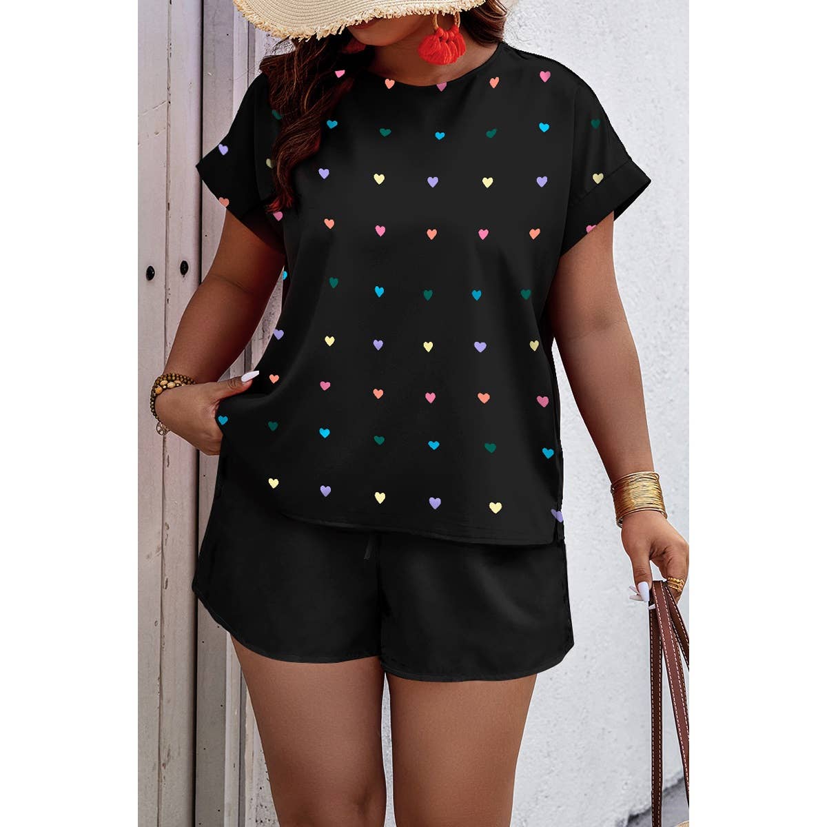 Plus Size Heart Print Drawstring Waist Sets - MVTFASHION.COM