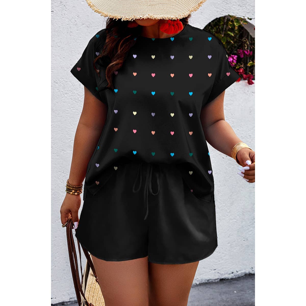 Plus Size Heart Print Drawstring Waist Sets - MVTFASHION.COM