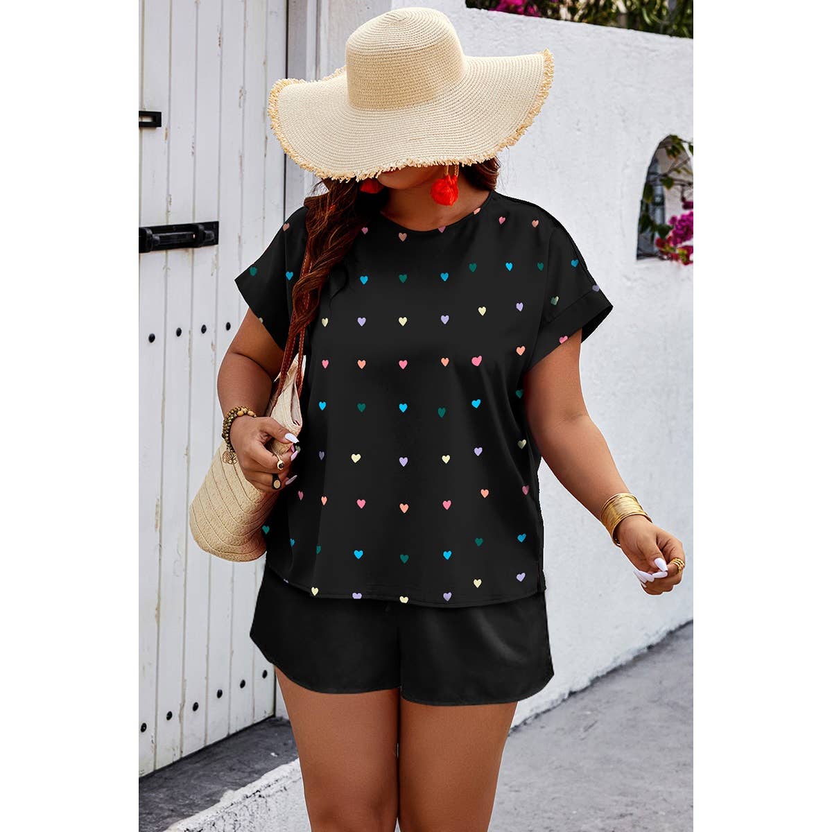 Plus Size Heart Print Drawstring Waist Sets - MVTFASHION.COM