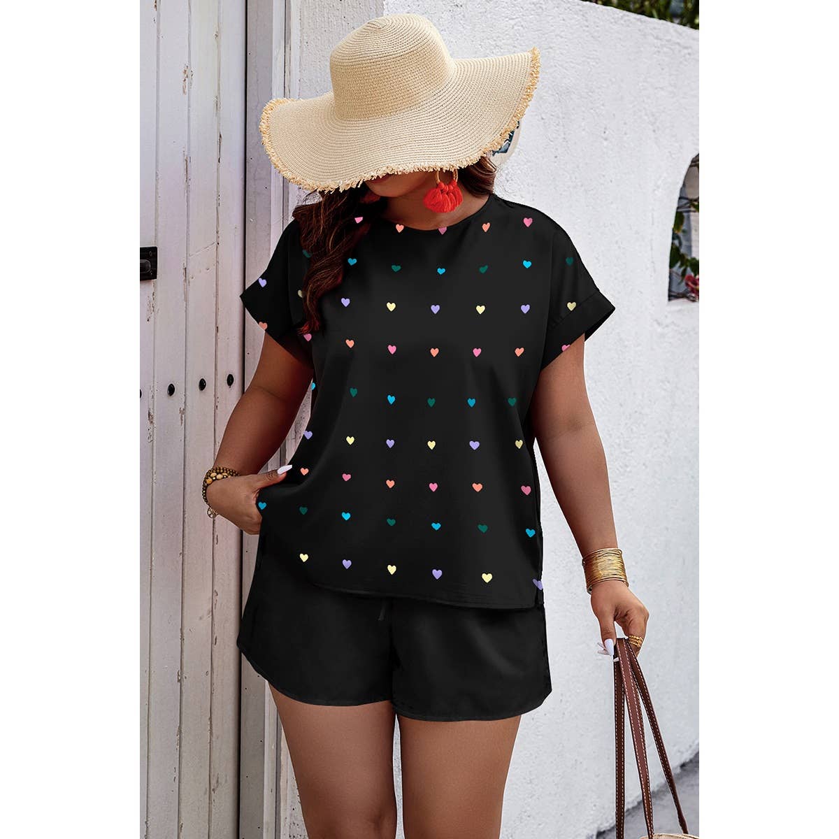 Plus Size Heart Print Drawstring Waist Sets - MVTFASHION.COM