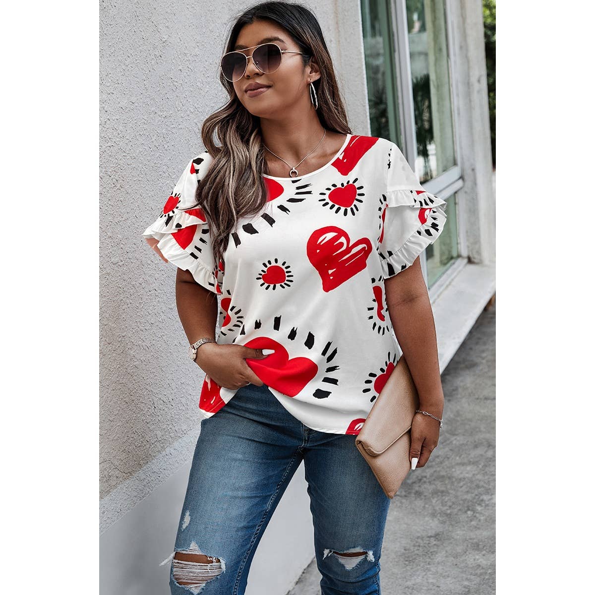 Plus Size Heart Print Ruffle Hem Sleeve Shirt - MVTFASHION.COM