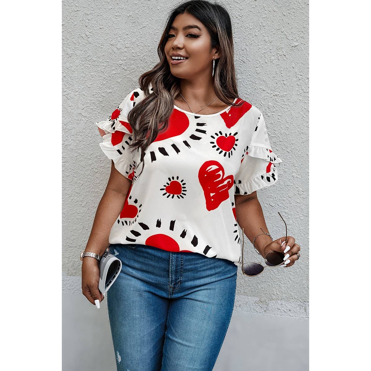 Plus Size Heart Print Ruffle Hem Sleeve Shirt - MVTFASHION.COM
