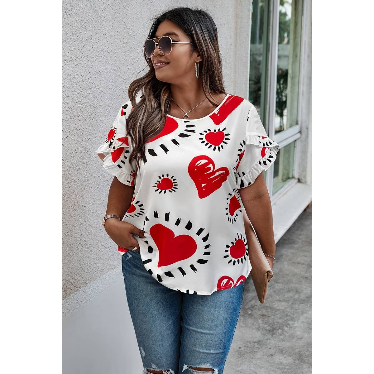 Plus Size Heart Print Ruffle Hem Sleeve Shirt - MVTFASHION.COM