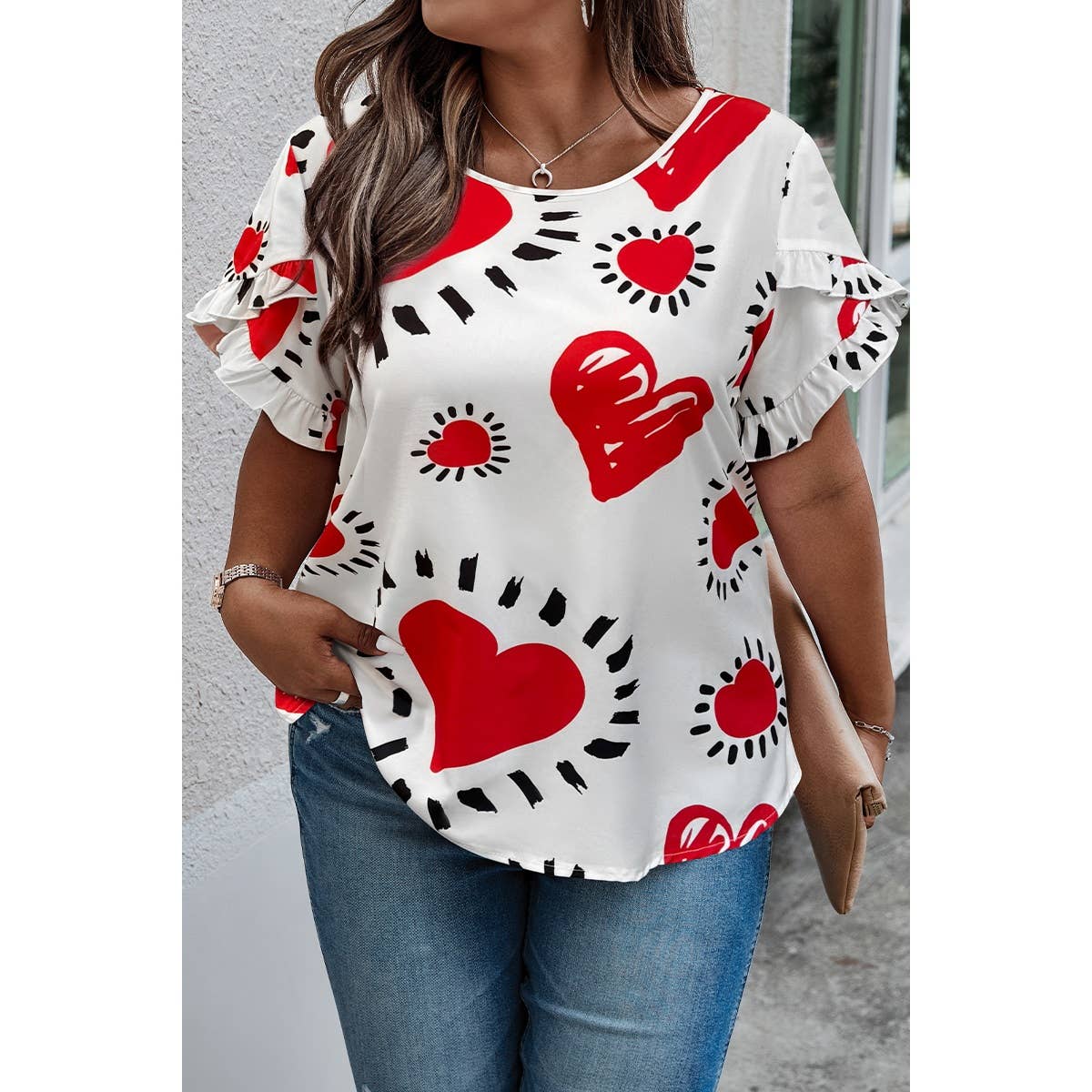 Plus Size Heart Print Ruffle Hem Sleeve Shirt - MVTFASHION.COM
