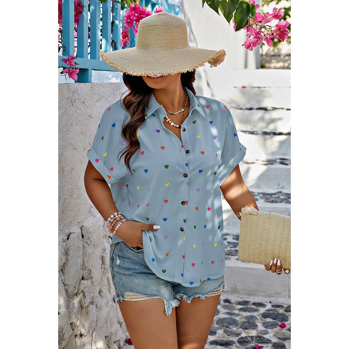 Plus Size Hearts Print Button Down Loose Blouse - MVTFASHION.COM