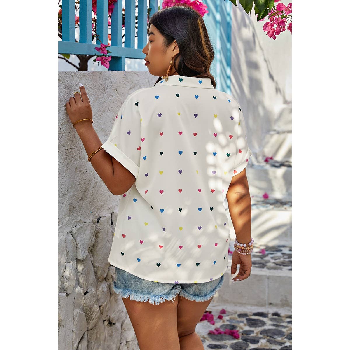 Plus Size Hearts Print Button Down Loose Blouse - MVTFASHION.COM