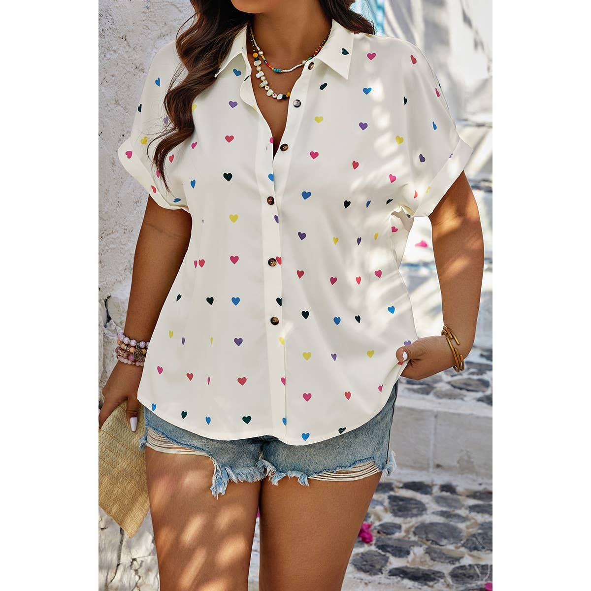 Plus Size Hearts Print Button Down Loose Blouse - MVTFASHION.COM