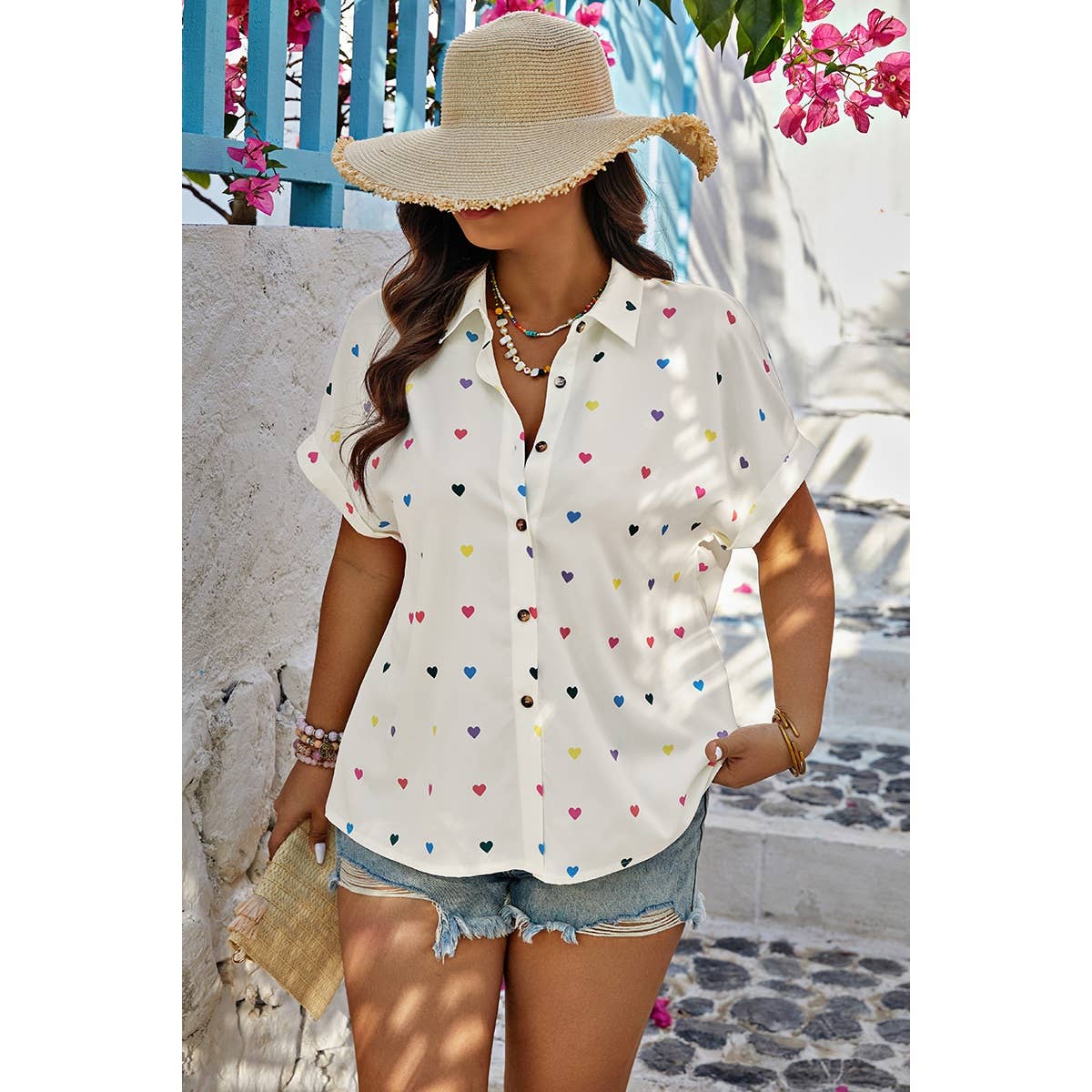 Plus Size Hearts Print Button Down Loose Blouse - MVTFASHION.COM