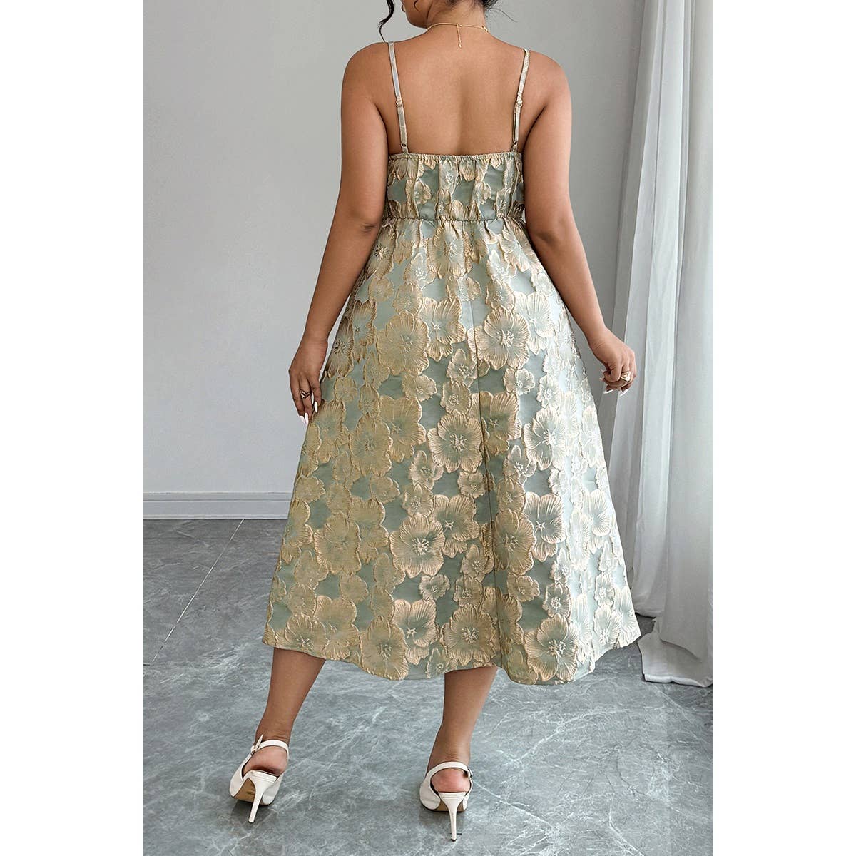 Plus Size Jacquard Elegant Spaghetti Strap Dress - MVTFASHION.COM