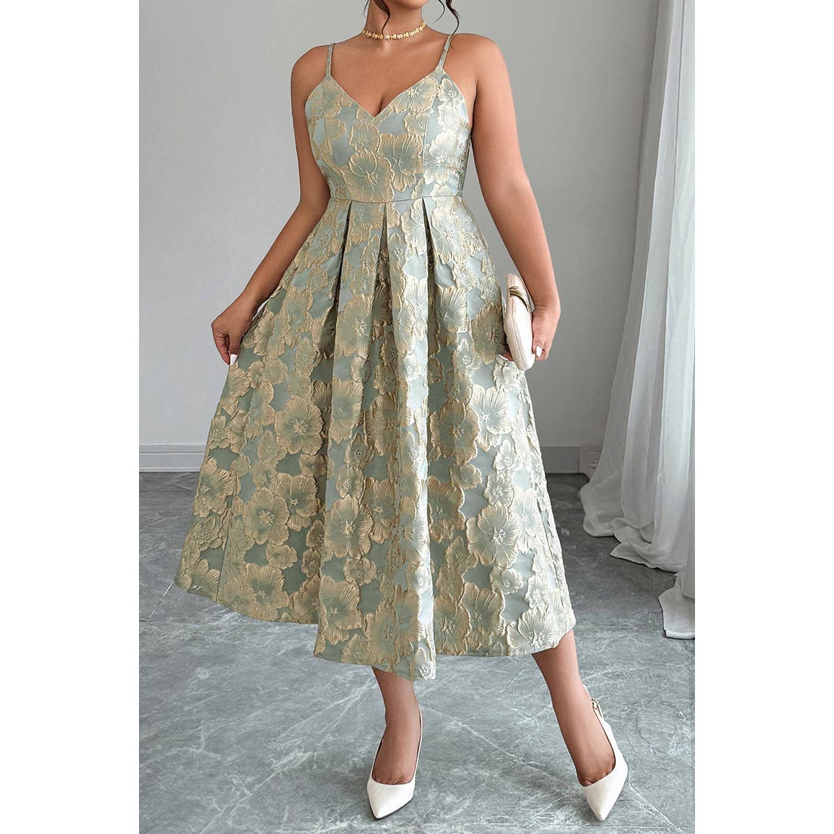 Plus Size Jacquard Elegant Spaghetti Strap Dress - MVTFASHION.COM