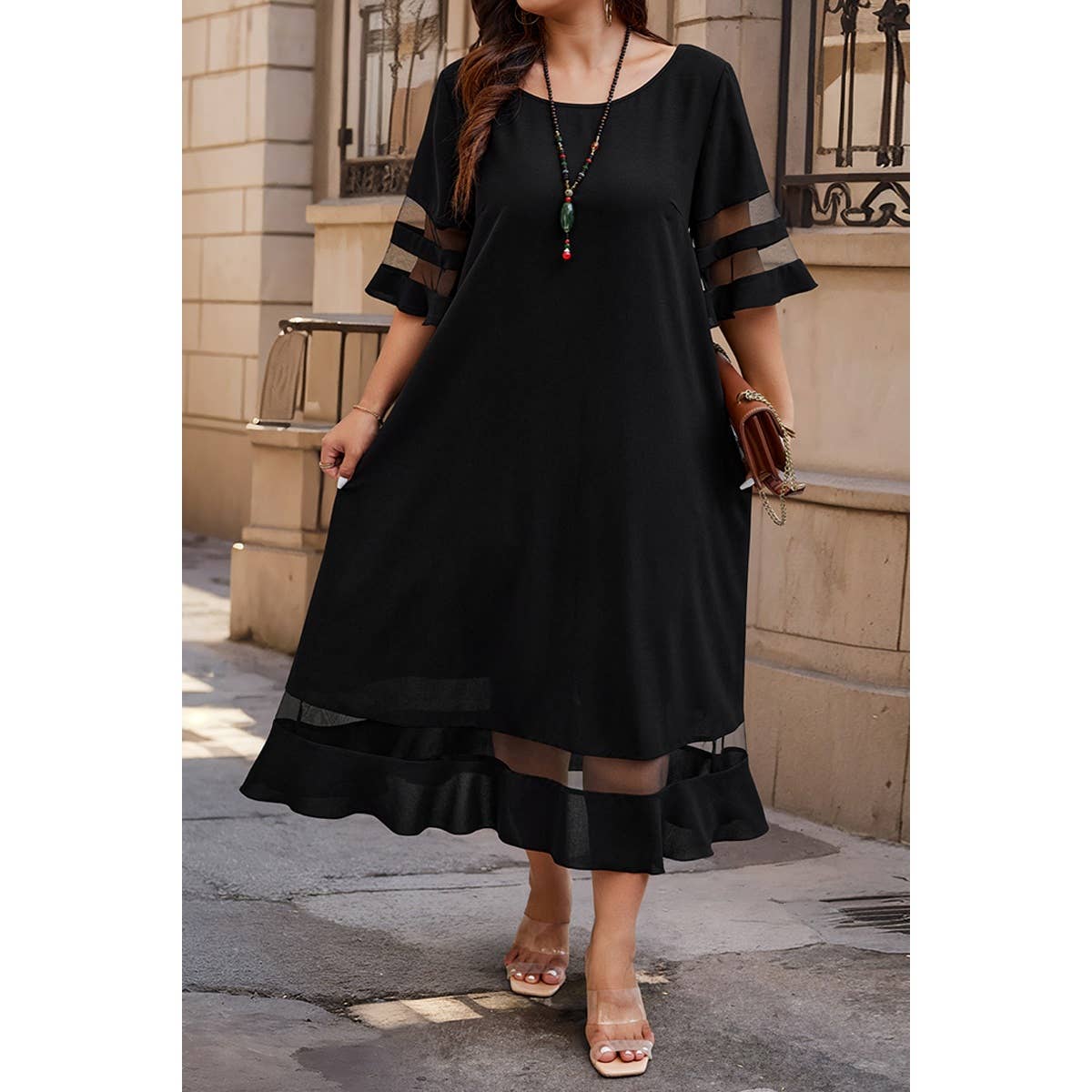 Plus Size Mesh Splicing Round Neck Long Dress - MVTFASHION.COM